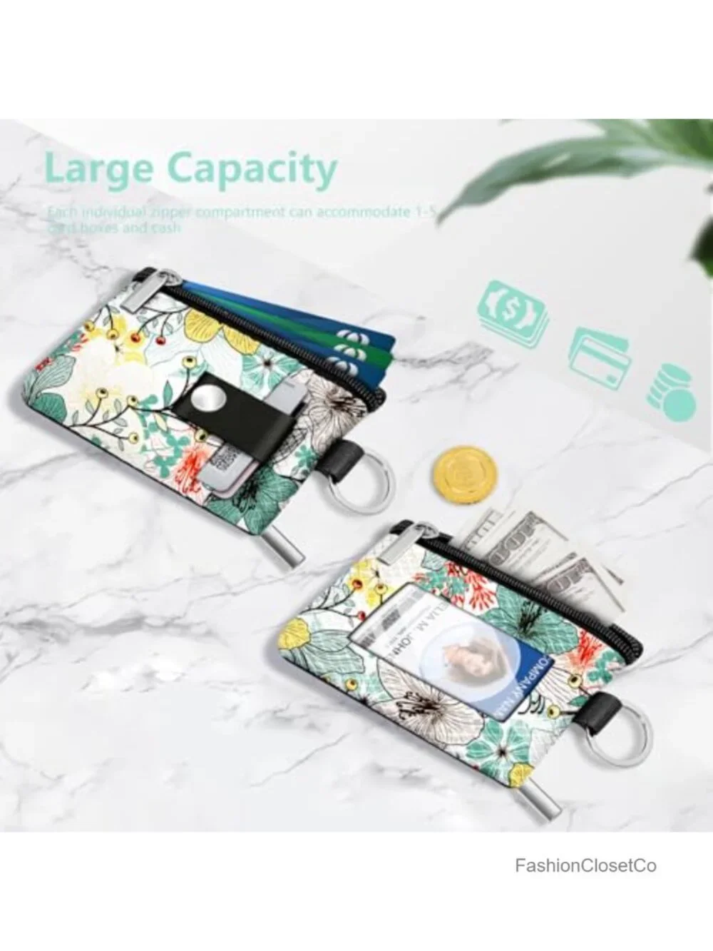 Mini Zip Card Case Wallet with Clear ID Window RFID Blocking